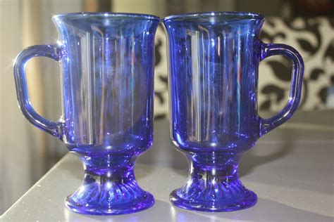 Set of Two vintage Cobalt Blue Glass Irish Coffee mugs from