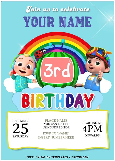 Free (Free Editable PDF) Lovely Rainbow Cocomelon Birthday Invitation ...