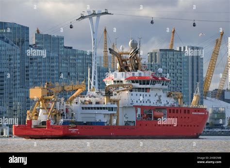 Polar Research Vessel RRS Sir David Attenborough arrives on the River Thames in London on it's ...