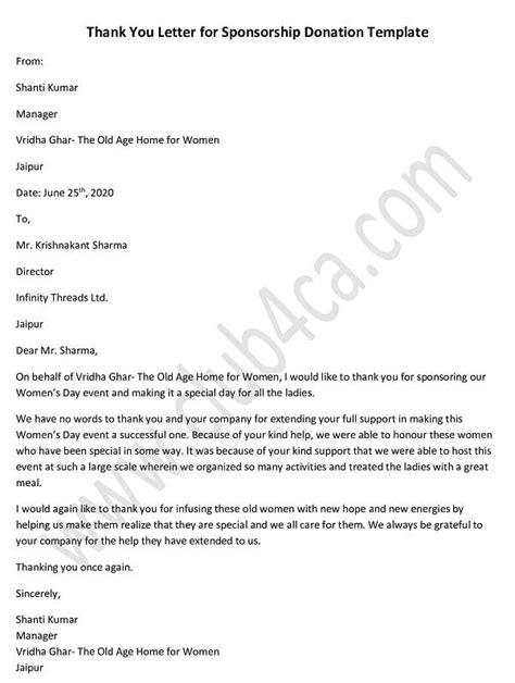 Thoughtful Sponsorship Thank You Letter Template