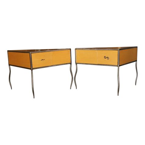Contemporary Wood and Brushed Metal Triangle Shaped End Tables - Set of 2 | Chairish