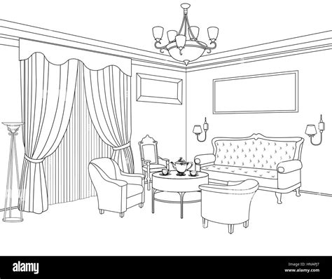 Interior outline sketch. Furniture blueprint. Architectural design. Living room Stock Vector ...