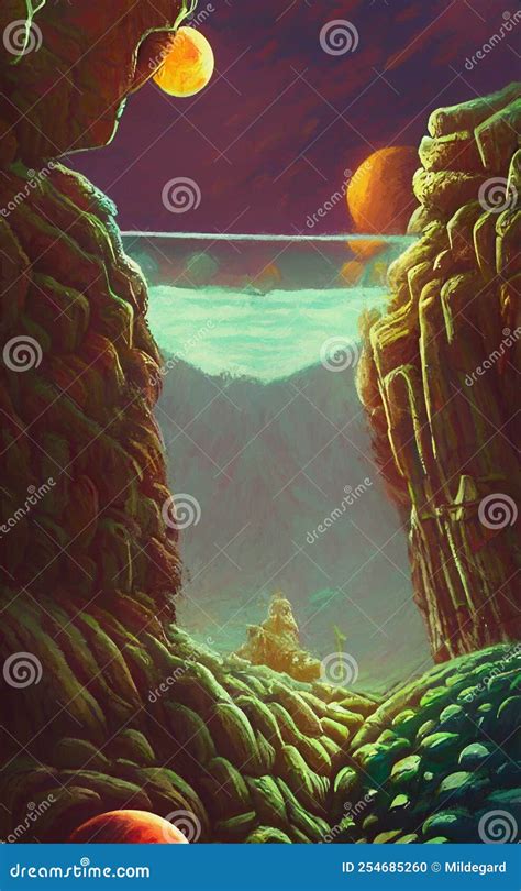 Alien World`s Landscape in Retro Scifi Style Stock Illustration - Illustration of landscapes ...