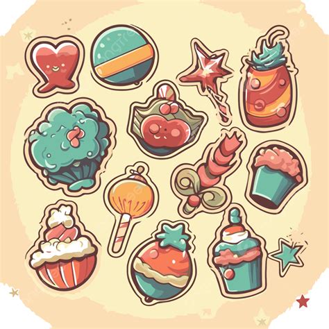 Collection Set Of Colorful Sweet Stickers Clipart Vector, Vintage Christmas Ornaments, Vintage ...