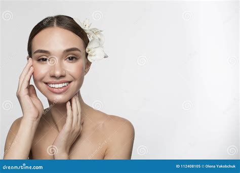 Delighted Girl is Touching Her Pure Face Stock Image - Image of copy, orchid: 112408105