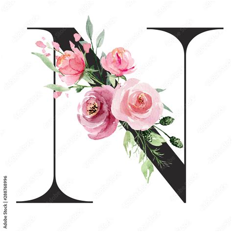 Floral alphabet, letter N with watercolor flowers and leaf. Monogram ...