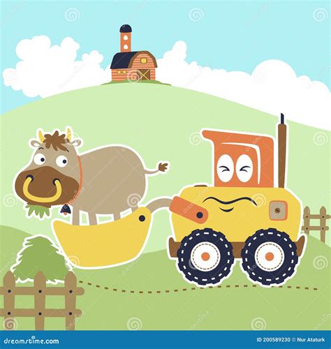 Funny Farm Field Cartoon with Tractor and Cow Stock Vector ...