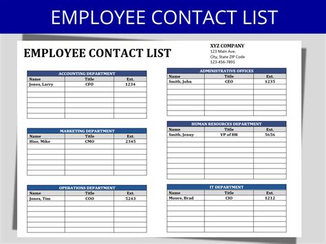 Employee Contact List Template Editable Word Form Company Phone Directory Departments Human ...