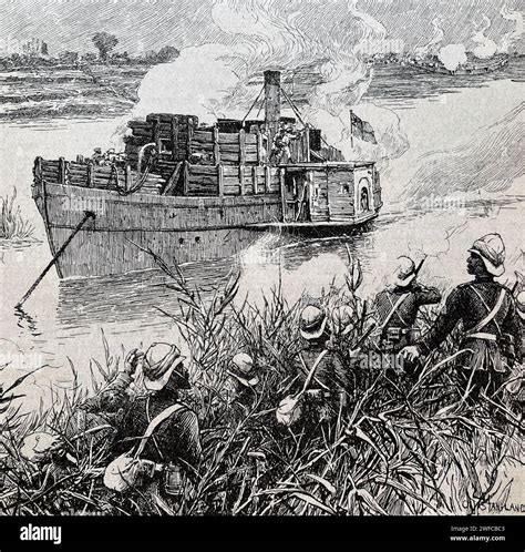 BATTLE OF KHARTOUM 1884/1885 British soldiers watch as a river boat ...