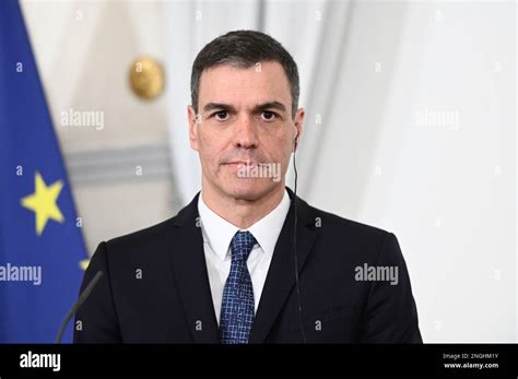 Vienna, Austria. February 16, 2023. Press statement by Spanish Prime Minister Pedro Sánchez ...