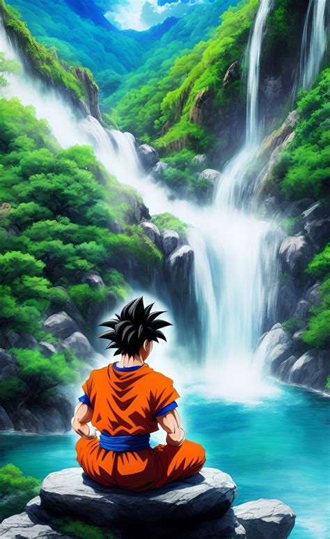 Goku in a serene pose, meditating on a rocky outcropping next to a waterfall, surrounded by ...