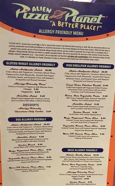 Alien Pizza Planet Allergy Friendly Lunch and Dinner Menu — Gluten Free & Dairy Free at WDW