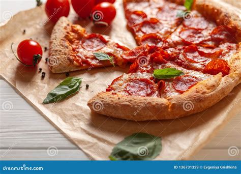 Pizza Pepperoni, Pizza Ingredients, Tomatoes, Basil, Spices Stock Image - Image of pizzeria ...