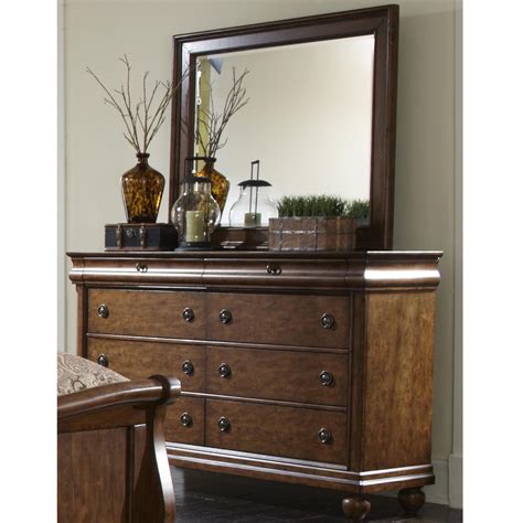 Liberty Furniture Rustic Traditions Eight-Drawer Dresser with Wood-Framed Landscape Mirror ...