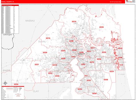 Duval County, FL Zip Code Wall Map Red Line Style by MarketMAPS - MapSales