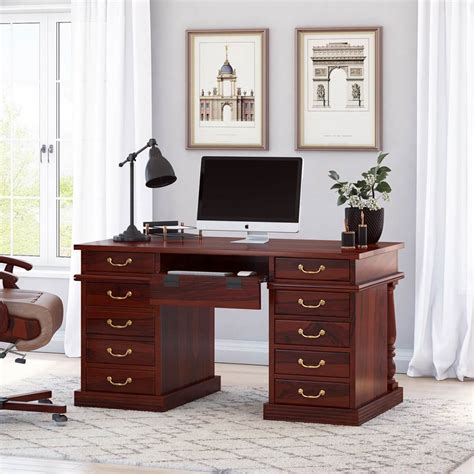 Rustic Solid Wood Home Office Executive Computer Desk with 11 Drawers