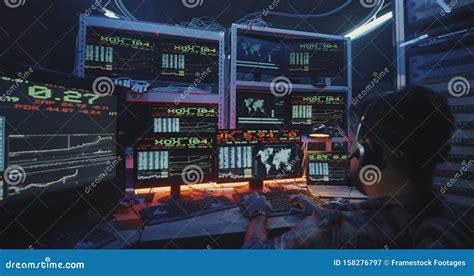 Hacker Using Computer with Multiple Monitors Stock Image - Image of criminal, caucasian: 158276797