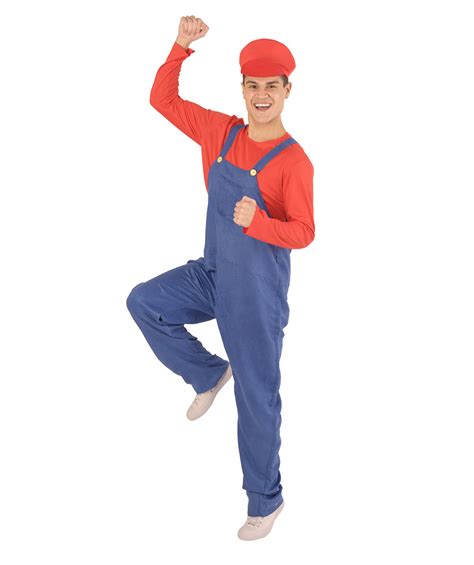 Adult Men's Mario Plumber Costume, Red and Blue with Hat - Unisex