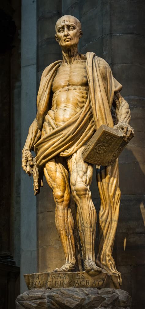 This statue depicts Saint Bartholomew, an early Christian martyr who ...