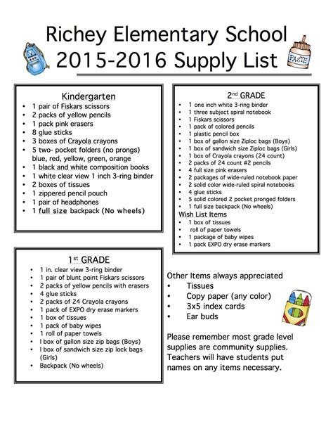 2015-2016 School Supply List | Richey Elementary