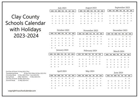 Clay County Schools Calendar with Holidays 2023-2024