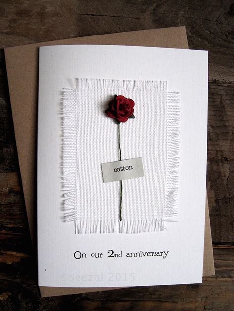 2nd Anniversary Keepsake COTTON Card. Cotton Fabric with a Single Red Rose. Wife Husband Second ...