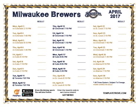 Printable 2017 Milwaukee Brewers Schedule