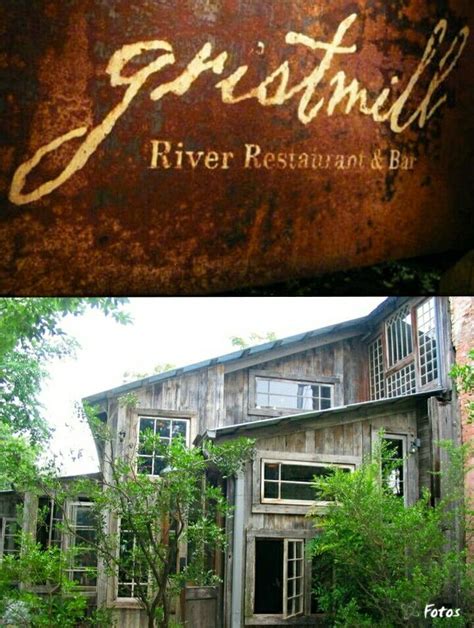 an old rusted building with the words gristmill river restaurant and bar on it