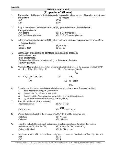 Sheet-2- Alkane - Hydrocarbons - SHEET – 2 – ALKANE (Properties of Alkanes) 1. The number of ...