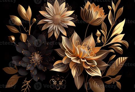 Photo golden flowers on black background elegant floral wallpaper. Generate Ai 22628313 Stock ...