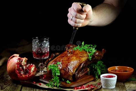 Roast Duck with Cranberry Sauce and Pomegranate Stock Photo - Image of ...