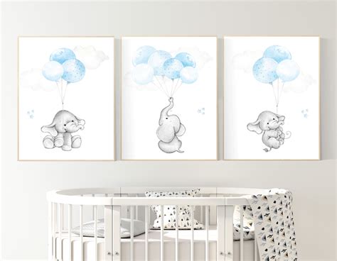 Blue nursery decor, elephant nursery wall art, nursery decor boy ...