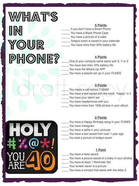 40th Birthday Party Game Whats in your phone | 40th birthday party ...