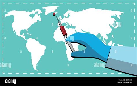 Doctor hand holding vaccine for coronavirus pandemic with earth map background vector ...