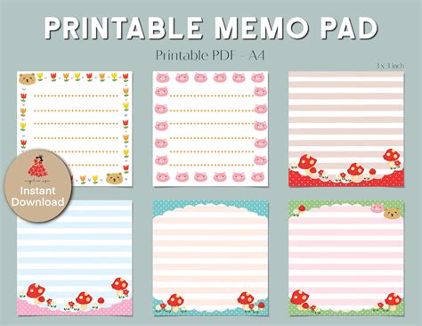 6 Cute memo pad printable memo sheet flowers and mushrooms | Etsy