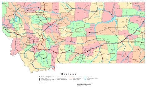 Large detailed administrative map of Montana state with roads, highways ...