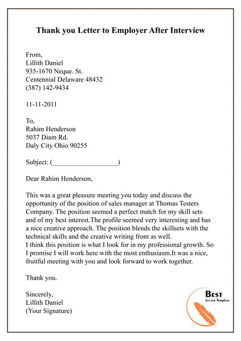 Thank You Letter Template to Employer - Sample & Examples