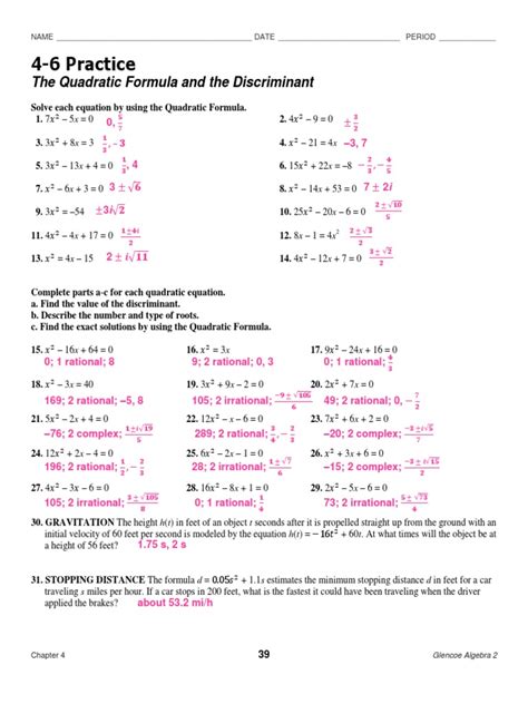 4-6 Practice: The Quadratic Formula and The Discriminant | PDF ... - Worksheets Library