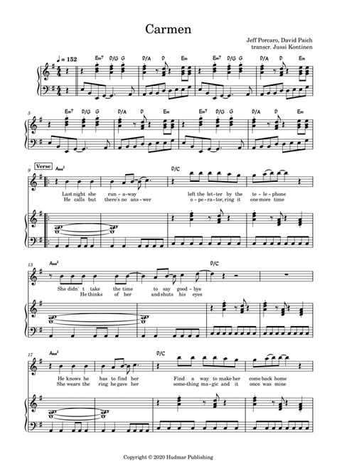 Carmen (arr. Jussi Kontinen) by David Paich Sheet Music for Piano ...