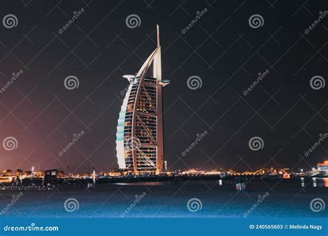 Hotel Burj Al Arab at Night Seen from Jumeirah Public Beach in ...