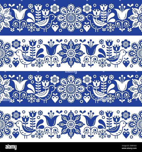 Scandinavian folk art seamless vector pattern with flowers and birds ...