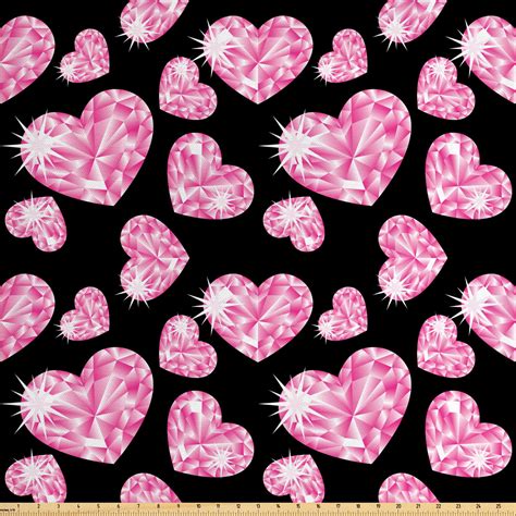 Diamonds Fabric by The Yard, Romantic Pink Heart Stones on Black Background Valentines Day Theme ...