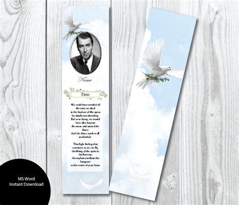 Funeral Bookmark Template Clouds & Dove Memorial Bookmark Etsy