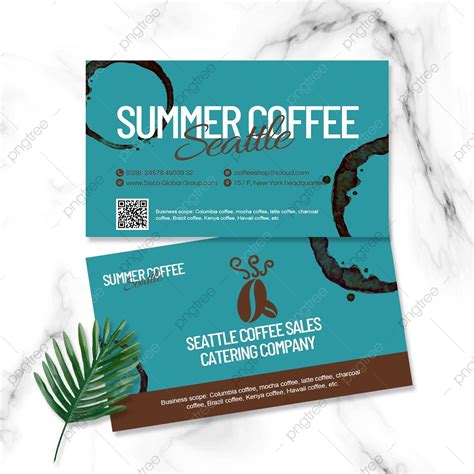 two business cards with coffee beans and palm leaves on the side ...