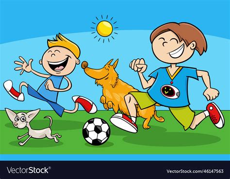 Cartoon boys characters playing ball Royalty Free Vector