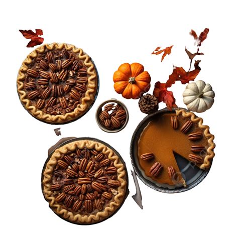 Pecan, Pumpkin, Thanksgiving Holiday Pies On A Rustic Table With Decorative Gourds, Top View PNG ...