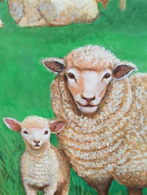 Original Folk Art Painting Sheep With Lamb Babies Farm Meadow | Etsy