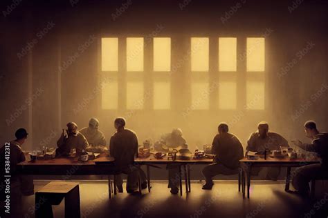 Digital illustration of inside the prison canteen. A group of prisoners, criminal and inmates ...