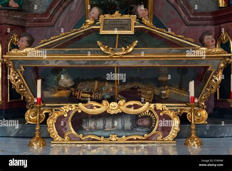 Catacomb saint, Christian martyr, in a glass coffin in the baroque church of St. Jacob and St ...