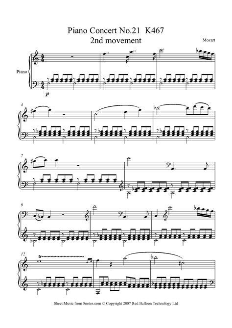 Mozart - Piano Concerto No.21 K467 2nd mvt Elvira Madigan Sheet music for Piano - 8notes.com